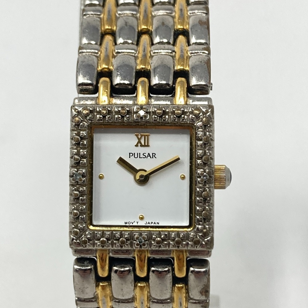 Pulsar Womens Watch 17mm White Dial Two Tone Crystal V810-X056 New Battery 7.25"